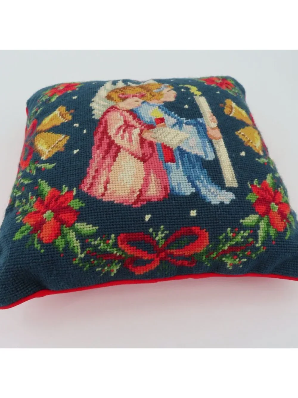 Vintage Needlepoint Praying Angel Children Red Flowers Bow Bells Square Pillow